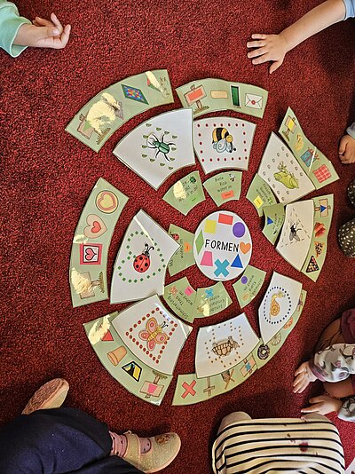 Ein Kreis aus Pappsegmenten, die auf einem roten Teppich angeordnet liegen. Die Segmente sind mit verschiedenen Motiven wie Tieren, geometrischen Formen und Gegenständen bedruckt. In der Mitte des Kreises steht das Wort "FORMEN". Anscheinend spielen Kinder damit, da man Kinderhände und Kinderbeine sieht, die um den Kreis sitzen.