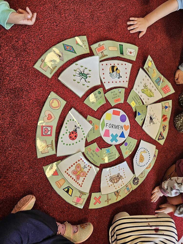 Ein Kreis aus Pappsegmenten, die auf einem roten Teppich angeordnet liegen. Die Segmente sind mit verschiedenen Motiven wie Tieren, geometrischen Formen und Gegenständen bedruckt. In der Mitte des Kreises steht das Wort "FORMEN". Anscheinend spielen Kinder damit, da man Kinderhände und Kinderbeine sieht, die um den Kreis sitzen.