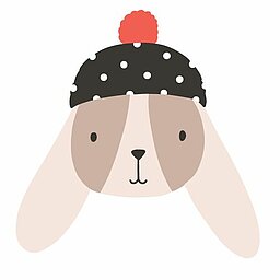 Zu sehen ist ein gemaltes Bild eines Kaninchenkopfes mit langen Schlappohren und einer Bommelmütze, die schwarz mit weißen Punkten ist und einen roten Bommel hat.