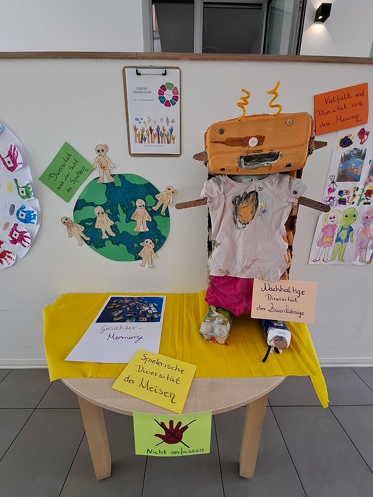 Tag der Diversität an der KITA Adlerküken Blick auf einen Tisch, auf dem unterschiedliche selbst gestaltete und erarbeitete Werke der Kita-Kinder zum Thema Diversität liegen, an der Wand dahinter sind viele kreative Bilder zum Thema angebracht.
