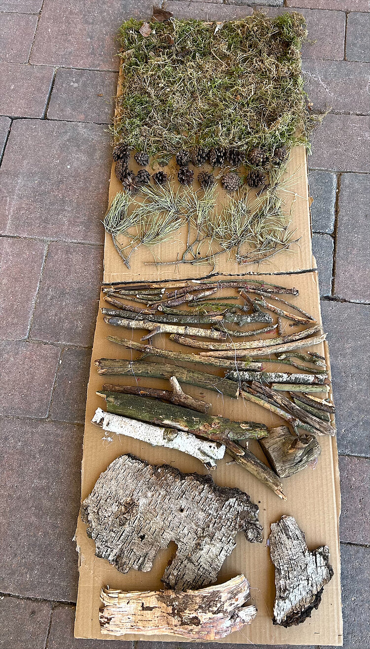 Auf zwei Stücken Pappe, die auf einem Steinboden liegen, ist ein Barfußpfad aus Moos, Kiefernzapfen, Kiefernnadeln, Stöckchen und Rinde aufgelegt.
