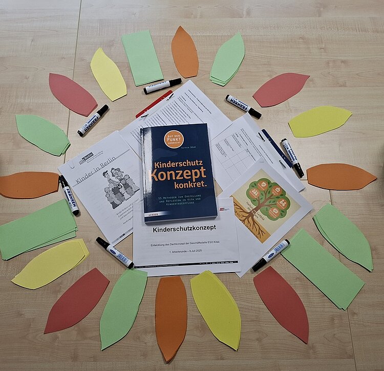 Startschuss für ein trägerweites Dachkonzept zum institutionellen Kinderschutz Eine Broschüre mit dem Titel Kinderschutz Konzept konkret liegt zentriert auf dem Parkettboden, drum herum buntes Tonpapier in Form von Blättern und im kreis gelegte Stifte