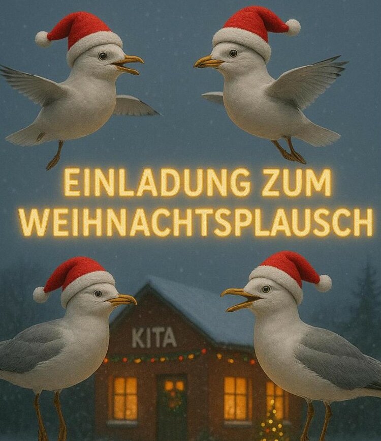 Grafische Einladung zum „Weihnachtsplausch“: Vier Möwen mit Weihnachtsmützen umrahmen leuchtende Schrift, im Hintergrund ein weihnachtlich beleuchtetes Kita-Gebäude im Schnee.