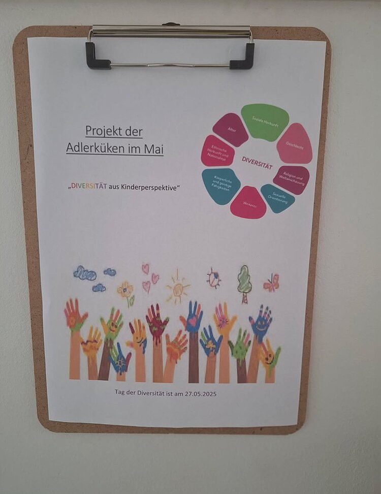 Tag der Diversität an der KITA Adlerküken Auf einem Klemmbrett wird das Projekt Diversität in der Kita Adlerküken vorgestellt, abgebildet sind untenstehend nach oben zeigende illustrierte Hände in unterschiedlichen Farben.