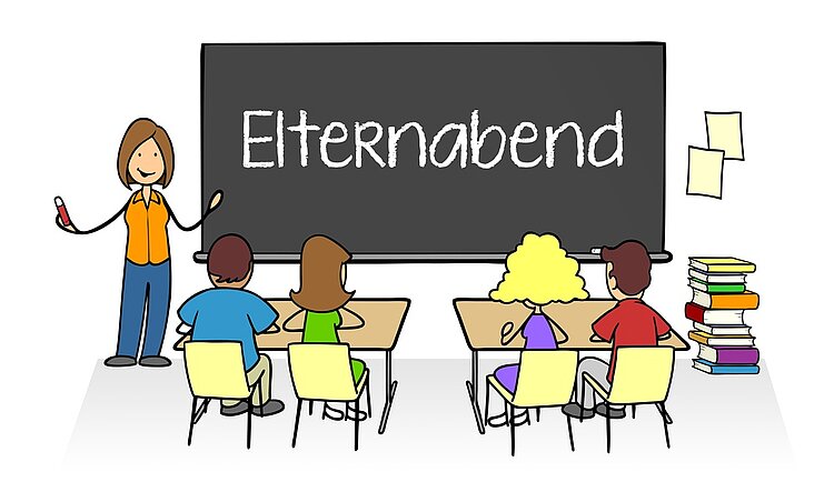 Nach der Einschreibung Elternabend (Deutsch für: Elterntreffen) an einer Grundschule, mit Eltern und dem Klassenlehrer an der Tafel.
