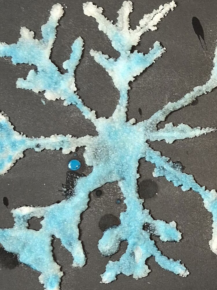 Blau gefärbte Kristalle bilden ein verzweigtes Muster auf schwarzem Hintergrund, das an eine Schneeflocke erinnert.