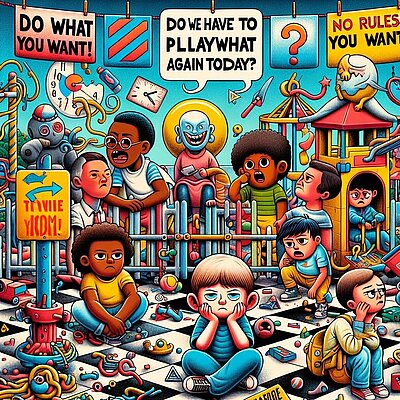 Antiautoritäre Erziehung im Spannungsfeld von Autonomie und Orientierung: Eine kritische Analyse Eine surreale, überzeichnete Illustration eines chaotischen Kindergartens oder Spielplatzes. Kinder wirken frustriert, gelangweilt oder verärgert, während um sie herum Spielzeugteile, Schilder mit widersprüchlichen Aussagen wie „Do what you want!“ oder „No rules“ liegen. Ein gruselig wirkender Clown mit Heiligenschein sitzt in der Mitte. Der Spielbereich wirkt überfüllt, unorganisiert und überreizt. Die Szene ist bunt, aber vermittelt eine kritische, dystopische Atmosphäre.
