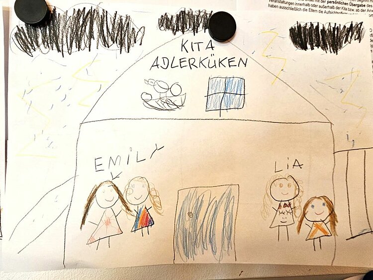 Unsere KITA Adlerküken aus der Perspektive der Kinder – ein kreatives Kunstprojekt Eine kindliche Zeichnung eines Hauses mit der Aufschrift "Kita Adlerküken". Vor dem Haus stehen zwei Gruppen von Kindern, die als "Emily" und "Lia" beschriftet sind. Das Haus hat ein Dach mit einigen kritzeligen Linien, die möglicherweise Gras oder Büsche darstellen sollen. Es gibt auch ein paar einfache Zeichnungen von Wolken und einer Sonne.