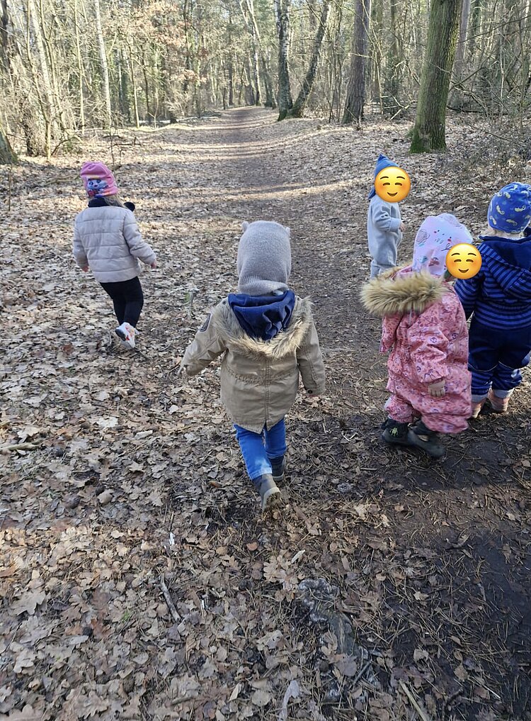 Auf einem Waldweg aus braunem Laub laufen mehrere kleine Kinder mit Jacken und Mützen.