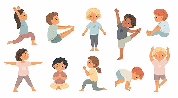Illustration im Cartoonstil: Zehn barfüßige Kinder in bunten, sportlichen Kleidern üben gemeinsam verschiedene Yogaübungen – darunter Baum, Krieger und Schneidersitz – vor weißem Hintergrund.