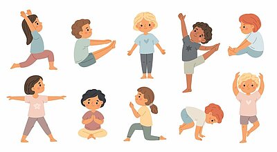 Illustration im Cartoonstil: Zehn barfüßige Kinder in bunten, sportlichen Kleidern üben gemeinsam verschiedene Yogaübungen – darunter Baum, Krieger und Schneidersitz – vor weißem Hintergrund.