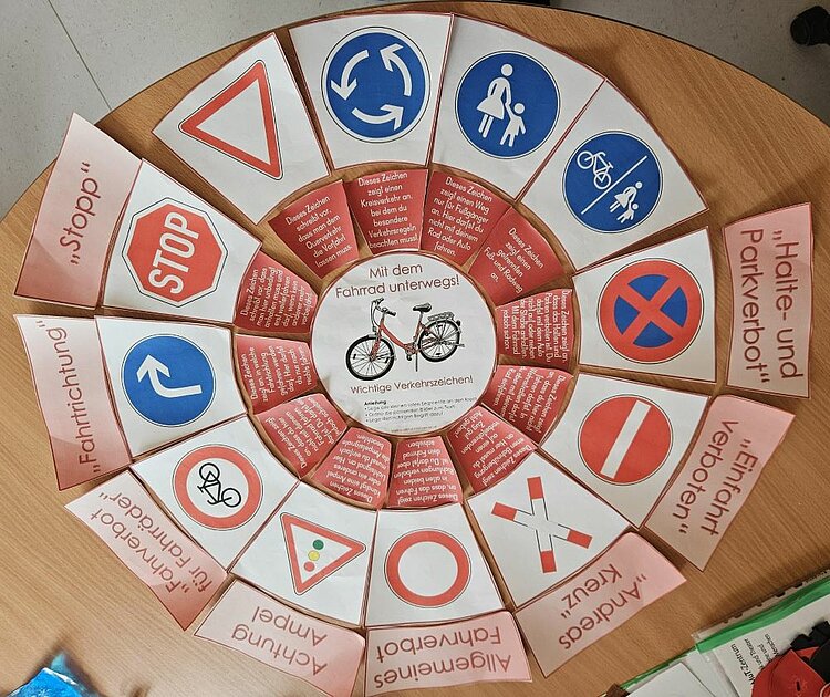 Ein kreisförmiges Lernspiel aus Pappe mit einem Fahrrad in der Mitte. Rundherum sind Segmente mit verschiedenen Verkehrszeichen und kurzen Erklärungen angeordnet, z. B. „Halte- und Parkverbot“, „Einfahrt verboten“, „Stop“, „Fahrradstraße“ oder „Andreas Kreuz“. Die Segmente sind rot-weiß gestaltet und liegen auf einem Holztisch.