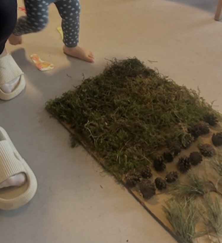 Auf einer Pappe ist ein Barfußpfad aus Moos, Kiefernzapfen und Kiefernnadeln aufgelegt; man sieht ein paar nackte Kinderfüße und ein paar große Füße in Schlappen, die sich darauf zubewegen.