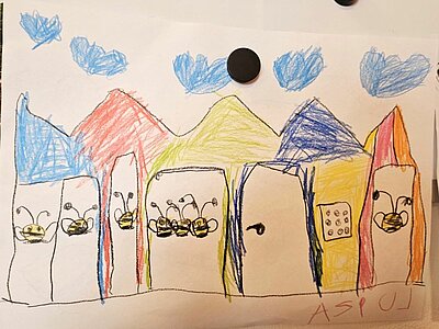 Unsere KITA Adlerküken aus der Perspektive der Kinder – ein kreatives Kunstprojekt Eine kindliche Zeichnung mehrerer Häuser in einer Reihe. Jedes Haus hat ein farbenfrohes Dach und eine Tür. Vor den Häusern sind kleine Bienen gezeichnet. Über den Häusern schweben blaue Wolken.