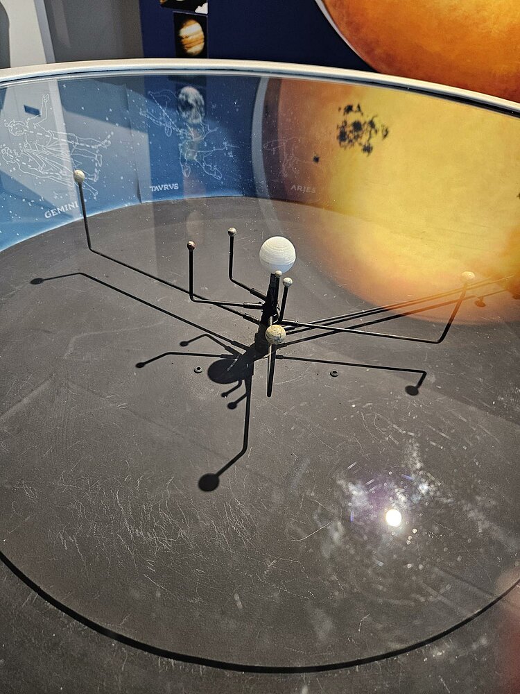 Modell des Planetensystems unter einer Glasscheibe; im Hintergrund Bilder von Planeten.